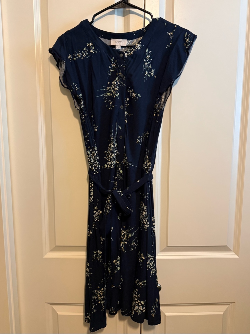 LOFT Navy Floral Button-Front Tie-Waist Midi Dress
